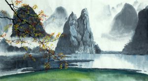 Chinese mountains, fog, autumn and lake