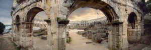 Panoramic view of ancient Roman Amphitheater (Pula Arena) in Pula. Croatia